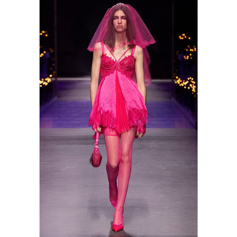 NWT Versace Runway Mini Dress IT 42 US 6 Pink Lace Trim Satin Silk $7,650